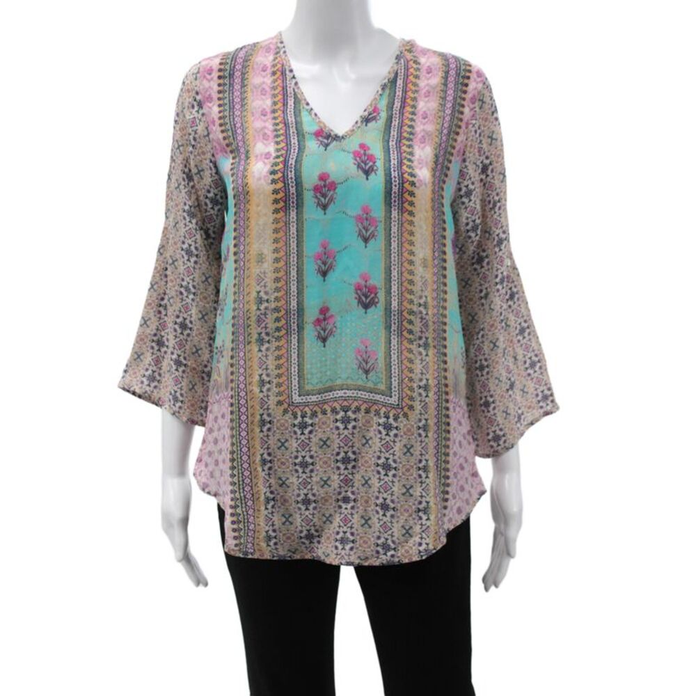 Tolani Womens Tunic V-Neck 3/4 Sleeve Multicolor Silk Bohemian Size S